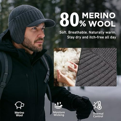 TOP-EX DryKnit™ 80% Merino Wool Waterproof Warm Brim Beanie with Ear Flaps - color: Green, size: Medium-Large
