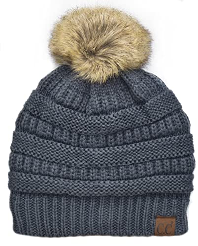 C.C Trendy Fuzzy Fleece Lined Warm Comfortable Soft Stretch Cable Knit Ribbed Faux Fur Pom Pom Beanie Hat - color: Teal Grey
