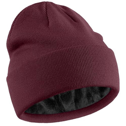 Fleece Lined Wool Beanie Hat Men Women, Warm Cuffed Winter Cap - color: Winered