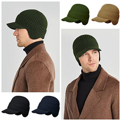 Men's Winter Hat with Brim, Warm Earflaps Hat for Men, Thick Fleece Lined Knit Winter Beanie Outdoor - color: Army Green
