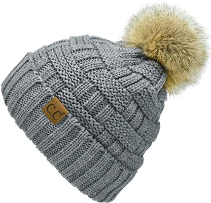 C.C Knit Beanie Hat – Fuzzy Fleece Lined Warm Winter Hat, Faux Fur Pom Soft Stretchy Slouchy Knit Cap, Cold Weather Beanie - color: Light Melange Grey