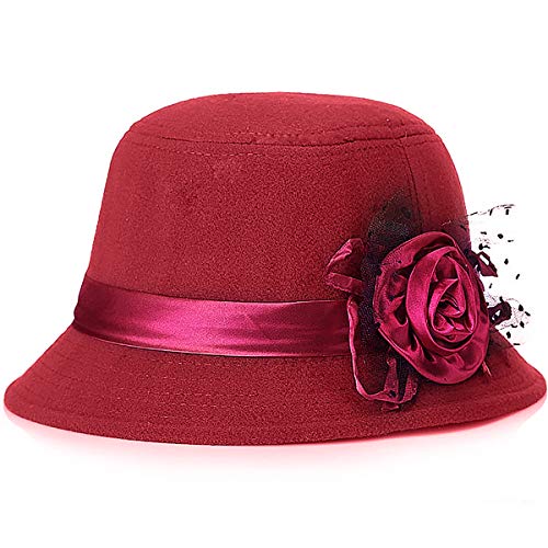 Glamorstar Vintage Felt Cloche Hat Winter Floral Fedora Bucket Hat Bowler Hats - color: Red Wine