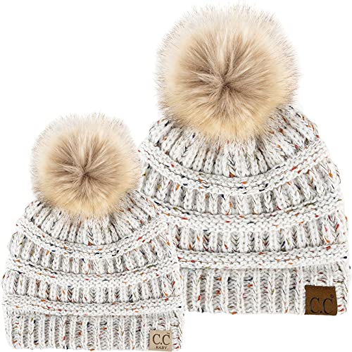 Funky Junque Mommy & Me Pom Pom Beanies Set – Infant Baby & Mom Matching Winter Outfits, Warm Newborn & Women's Beanie Hats - color: Confetti - Ivory (Faux Fur Pom)