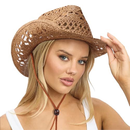 DRESHOW Straw Cowboy Cowgirl Hat for Women Men Western Coastal Cowboy Beach Hat with Shapeable Brim Unisex Rolled up Caps - color: 1 Pack Straw Woven Hollowed-out: Khaki