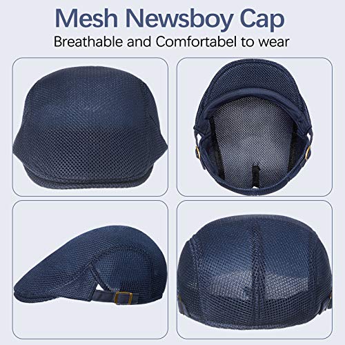 Geyoga 3 Pcs Mesh Newsboy Cap, Adjustable Mesh Cap - color: Light Gray, Navy Blue, Black