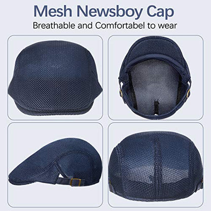 Geyoga 3 Pcs Mesh Newsboy Cap, Adjustable Mesh Cap - color: Light Gray, Navy Blue, Black
