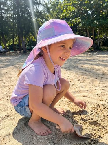 icolor Kids Sun Hat UPF50+ Sun Protection Bucket Hat Toddler Summer Beach Play Hats with Neck Flap for Girl Boy Ages 3~10 - color: Pinkstarry