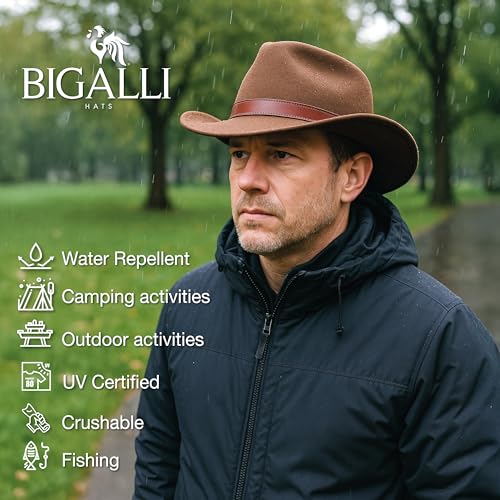 Bigalli Outback Merino Wool Felt Outdoor Hat. Crushable Wide Brim - color: Chocolate, size: Large