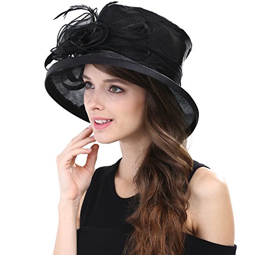 Womens Church Derby Wide Brim Sun Hat Girl Tea Party Headwear Bridal Wedding Fascinator - color: Black