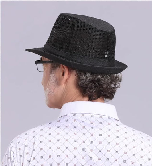 Men Straw Fedoras Summer Trilby Hat Vintage Mesh Panama Sun Hat Short Brim Beach Travel Hat British Jazz Hat Outdoor Bucket - color: Half Black
