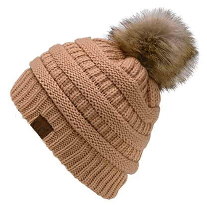 C.C Trendy Fuzzy Fleece Lined Warm Comfortable Soft Stretch Cable Knit Ribbed Faux Fur Pom Pom Beanie Hat - color: Sand Beige