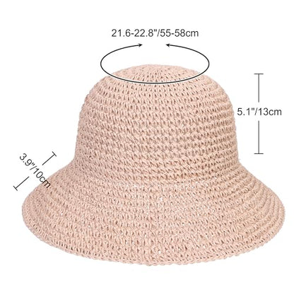 Womens Sun Hat Handmade Crochet Straw Bucket for Summer Foldable Travel Cap - color: Pink