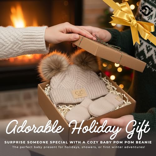 Funky Junque Baby Double Faux Fur Pom Pom Beanie & Mittens Set – Newborn Infant 0–9 Months Winter Hat with Soft Lined Mittens - color: Diagonal Basketweave: Beige (0-9 Months)