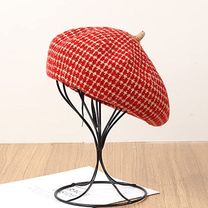 Women Winter Classic Beret Hat Newsboy Cap Painter Hats Houndstooth Beret Hats - color: Jd05 Red