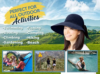 Straw Sun Visor for Women, Wide Brim UPF 50+ Protection Beach Hat, Adjustable, Roll Up Foldable Ponytail Cap with Chin Strap - color: A Navy