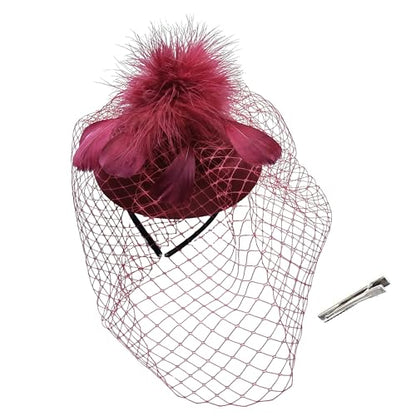 Fascinator Hats for Women Tea Party Veil Feather Fancy Pillbox Hat 20s 50s - color: Wine Red