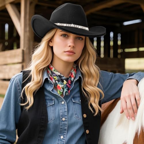 DRESHOW Western Cowboy Hat for Women and Men Wide Brim Glitter Cowboy Cowgirl Hat with Rhinestone Felt Fedora Hats - color: 1 Pack Style 10: Black