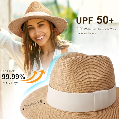 DRESHOW Women Straw Panama Hat Travel Fedora Beach Sun Hat Summer Wide Brim Straw Roll up Hat UPF 50+ - color: 1 Pack Straw Hat: Khaki (+ 2 Replaceable Ribbon Bands)
