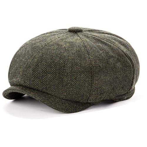 Men's Wool Newsboy Cap 8-Panel Tweed Taxi Hat Herringbone Gatsby Flat Hats - color: Green