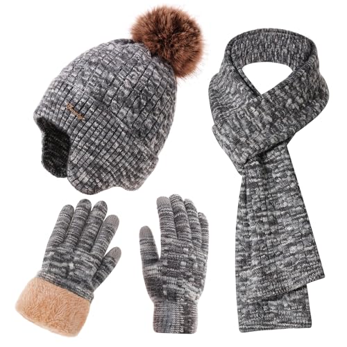 Winter Hat Scarf Gloves Set for Women, Classic Cable Beanie with Removable Pom Pom Long Scarf Touchscreen Gloves 3 in 1 Set - color: Grey Mix