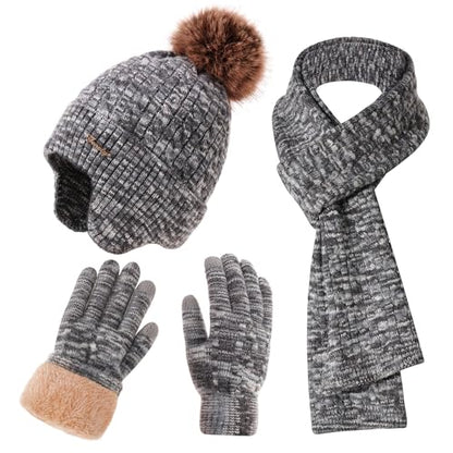 Winter Hat Scarf Gloves Set for Women, Classic Cable Beanie with Removable Pom Pom Long Scarf Touchscreen Gloves 3 in 1 Set - color: Grey Mix