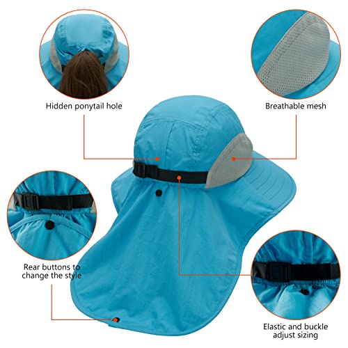 BASSDASH UPF 50+ Unisex Water Resistant Wide Brim Sun Hat with Large Neck Flap Ponytail Fishing Hat for Men Women - color: Light Blue