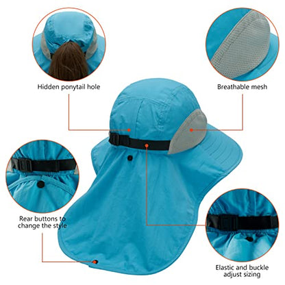 BASSDASH UPF 50+ Unisex Water Resistant Wide Brim Sun Hat with Large Neck Flap Ponytail Fishing Hat for Men Women - color: Light Blue
