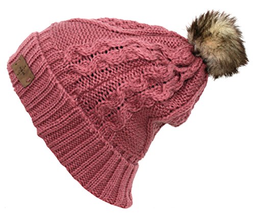 Women's Winter Fleece Lined Cable Knitted Pom Pom Beanie Hat - color: Pink