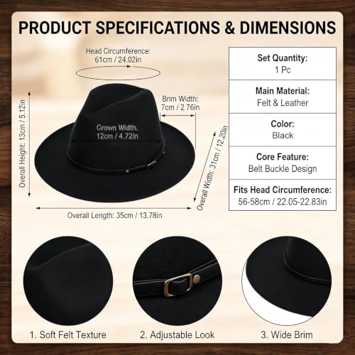Unisex Adjustable Belt Buckle Wide Brim Fedora Hat, Felt Panama Hat for Men Women Formal Casual Wear - color: Black