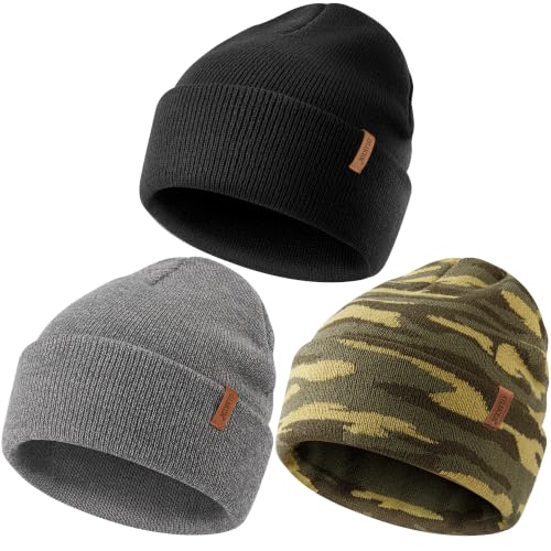 Beanie for Men Women, Winter Double Layer Warm Hat Skull Cap - color: Black+camouflage+grey