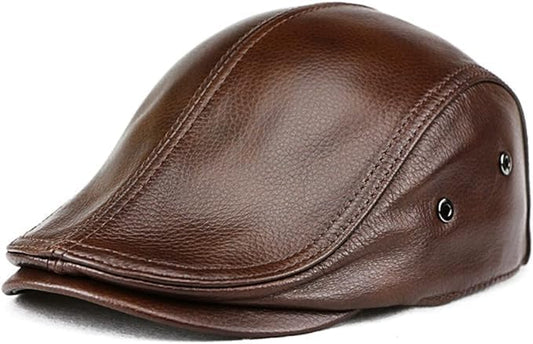 Men's Genuine Cowhide Newsboy Cap Leather Hat Adjustable Beret Caps Classic Golf Flat Ivy Cap Gatsby Driving Fishing Hat - color: Brown