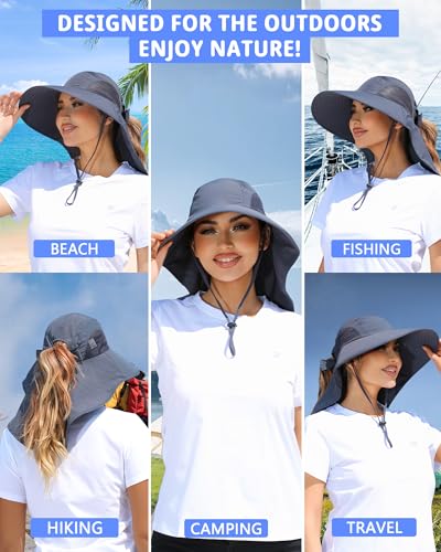 Womens Sun Hat Outdoor UV Protection Wide Brim Fishing Hat with Ponytail Hole Neck Flap for Beach Hiking Camping - color: Sun Hat-dark Grey