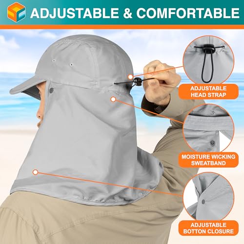 SUN CUBE Fishing Sun Hat with Neck Flap & Face Cover, Wide Brim UPF50+ Cap - color: Light Grey