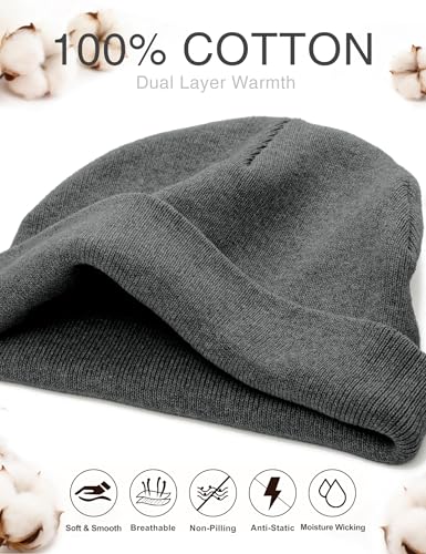 ROYBENS 100% Cotton No Cuff Beanie Hat Men Women, Fisherman Skull Cap - color: Dark Grey