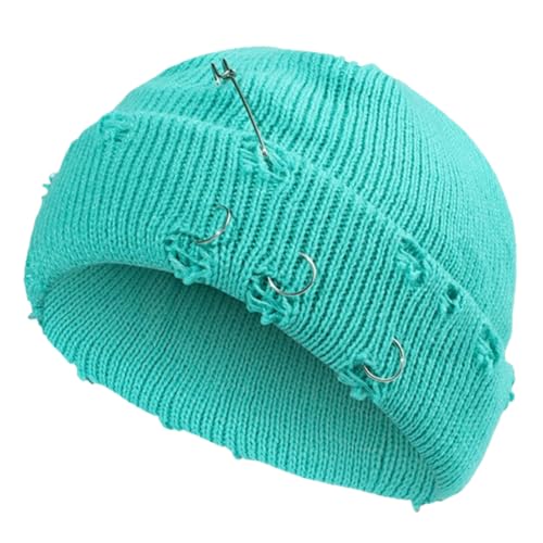 Distressed Ring Beanie Hat for Women Men Slouchy Skull Cap - color: Lake Blue