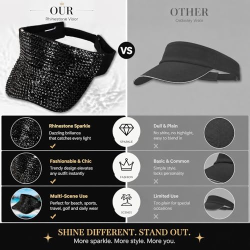 Shiny Women's Bling Rhinestone Visor Sun Protection for Tennis Golf Beach - color: Blackblack
