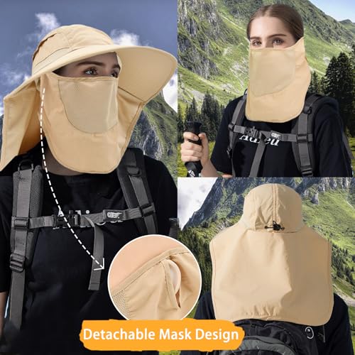 Sun Hats for Men Women Detachable Face Cover Wide Brim Fishing Hats with Neck Flap UPF 50+ Outdoor Safari Hats - color: Beige