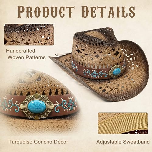 FLUFFY SENSE. Cowgirl Hats for Women Straw Cowboy Hat Western Beach Sun Hat with Shapeable Brim for Coastal Cowgirl - color: Pecan Brown