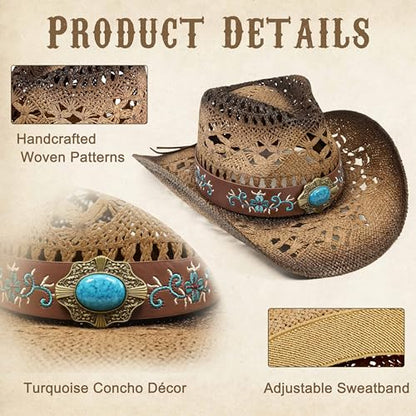 FLUFFY SENSE. Cowgirl Hats for Women Straw Cowboy Hat Western Beach Sun Hat with Shapeable Brim for Coastal Cowgirl - color: Pecan Brown