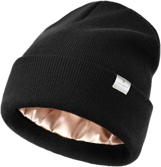 YANIBEST Satin Lined Beanie for Women, Reduce Frizz Winter Hats - color: Aa-black