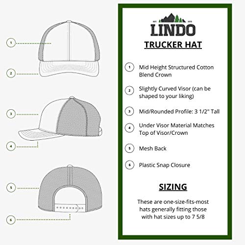 LINDO Trucker Hat [ Great Outdoors Design ] for Men and Women: Mid Profile Cap with Breathable Mesh Back and Adjustable Snap - color: Navy/White