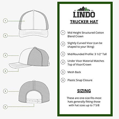 LINDO Trucker Hat [ Great Outdoors Design ] for Men and Women: Mid Profile Cap with Breathable Mesh Back and Adjustable Snap - color: Navy/White