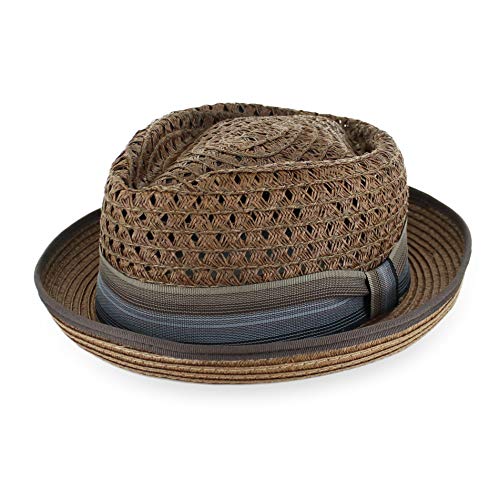 Belfry Men Women Summer Straw Porkpie Vented Trilby Fedora Hat in Blue Tan Black Brown Burgundy - color: Chocolate, size: XX-Large