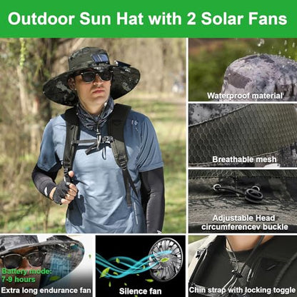 Fishing Hats with Sunglasses, Wide Brim Sun Hat with 2 Solar Fan, USB & Solar Powered Fishing Hats, Solar Fan Hats UPF 50+ - color: Camouflage Green