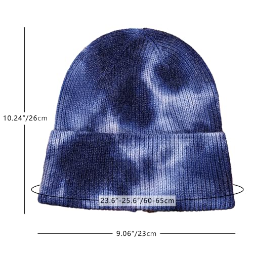 Beanie for Women Men Unisex Tie Dye Cuffed Knit Skull Cap Colorful Gradient Winter Hat Soft Slouchy Warm Less Static - color: Navy