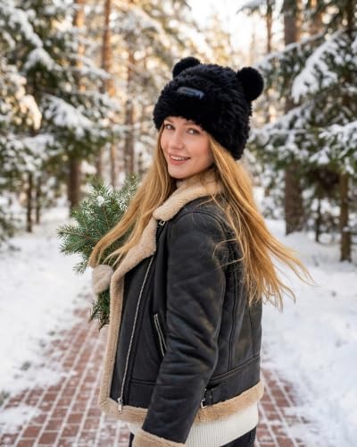 Cute Fuzzy Bear Ears Beanie Hat with Pompom Women's Furry Beanie - color: Black