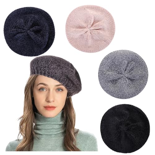4 Pieces French Chenille Beret Hat for Women Knitted Painter Cap Warm Beanie Hat for Girls - color: Navy+pink+black+grey