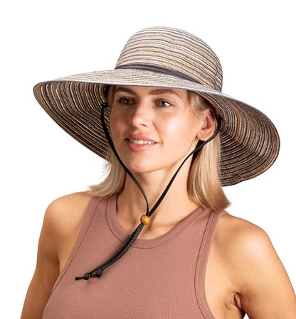 Sloggers Women's Wide Brim Braided Sun Hat with Wind Lanyard - UPF 50+ Maximum Sun Protection - color: Earth Brown