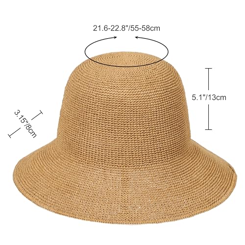 Womens Sun Hat Handmade Foldable Straw Bucket Hat Summer Crochet Travel Cap - color: Khaki, size: Medium