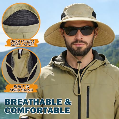 Wide Brim Sun Bucket Hat, Waterproof Boonie Hat for Men & Women - color: 01 Khaki